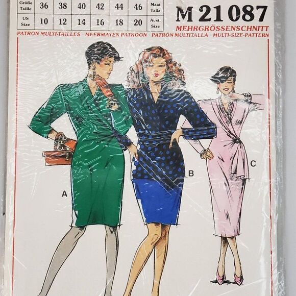 Vintage 80s Neue Mode Pattern m21087 Faux Wrap Sheath Dress Sz 10 - 20 Uncut - Picture 1 of 2